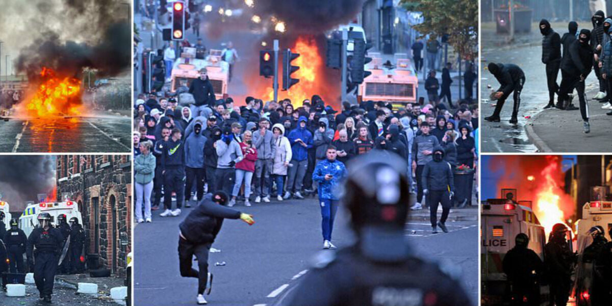 2025-06-10_6848b5085caa3_MaskedYobsCauseChaosInNIreland Riot police clash with masked yobs in second night of chaos as fires break out and hundreds take to the streets in Northern Ireland after ‘Romanian’ teens accused of attempted rape